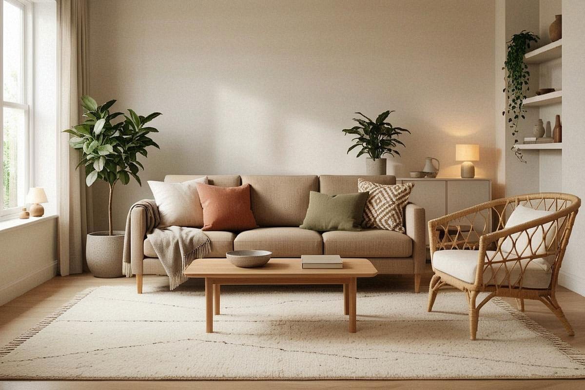 salon bohème élégant avec canapé beige, fauteuil en rotin, tapis berbère clair, table basse en bois naturel, coussins terracotta et crème, plantes vertes et objets artisanaux peu nombreux