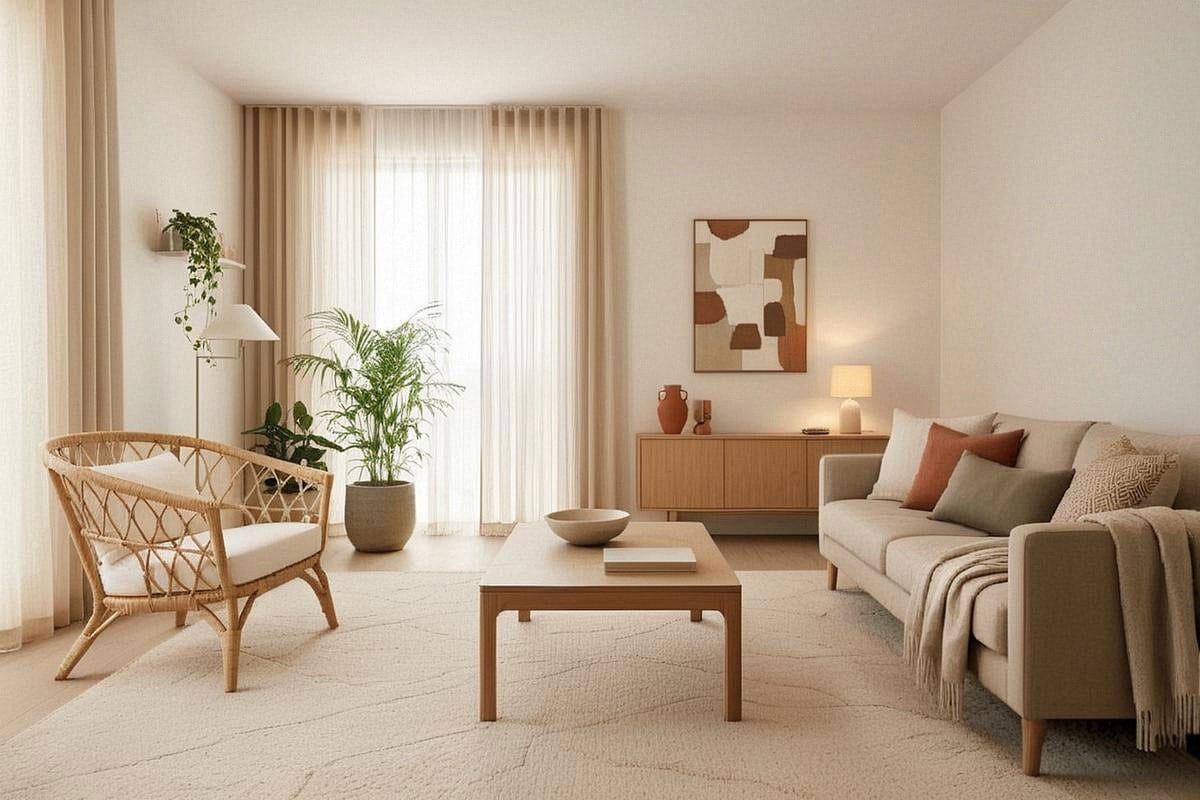 vue finale d’un salon bohème élégant parfaitement équilibré avec canapé beige, fauteuil en rotin, bois naturel, grand tapis clair, quelques touches terracotta et olive, plantes, lumière douce et objets artisanaux espacés