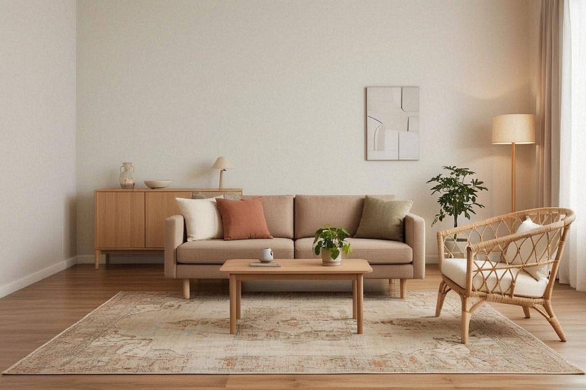 salon contemporain-bohème avec canapé aux lignes simples, fauteuil en rotin, buffet minimaliste en bois, tapis vintage discret et quelques céramiques artisanales