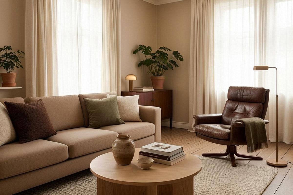 salon contemporain chaleureux réunissant canapé beige, fauteuil vintage, bois naturel, brun chocolat, vert olive, textiles texturés et éclairage doux