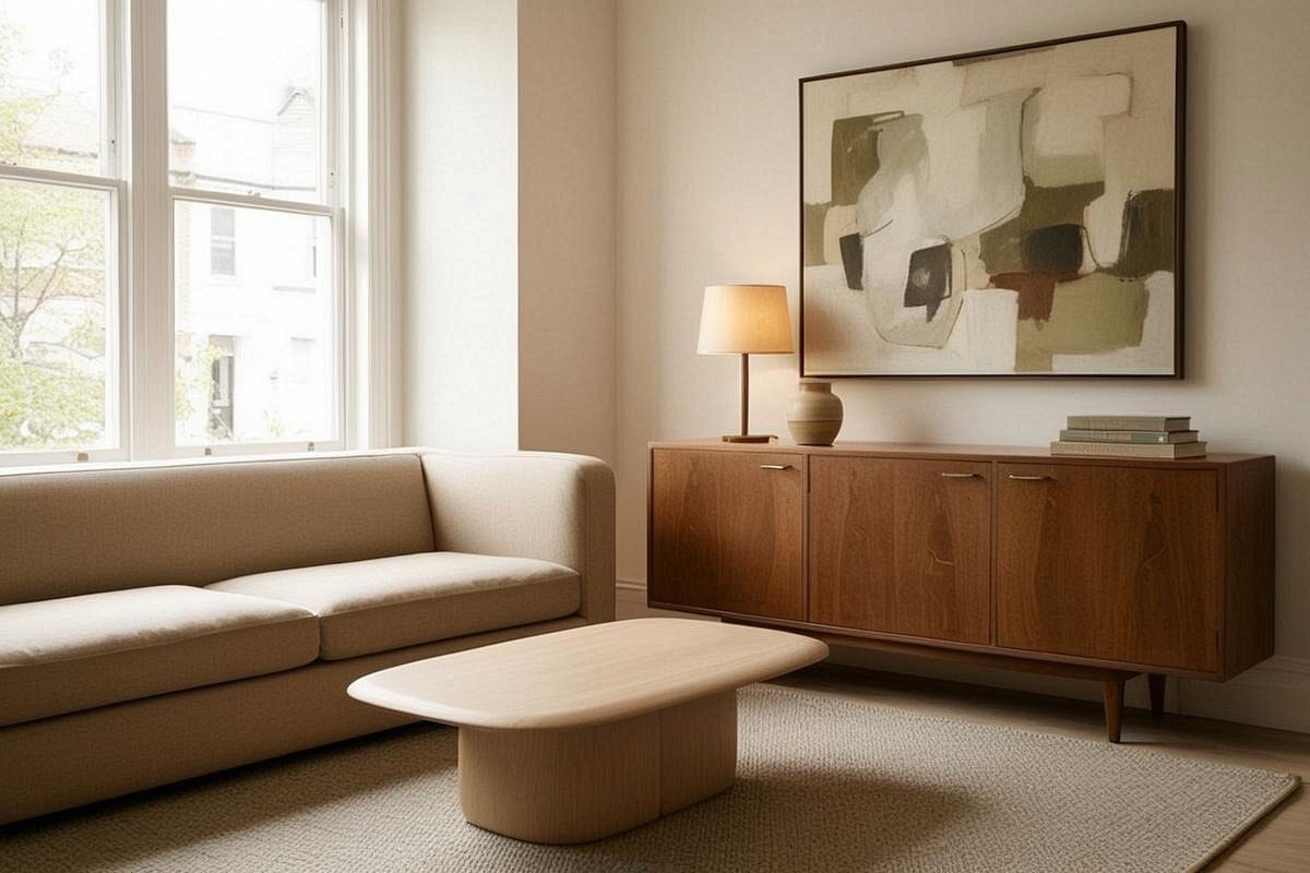 salon moderne avec canapé aux lignes simples, table basse contemporaine et une commode vintage en bois patiné servant de pièce forte