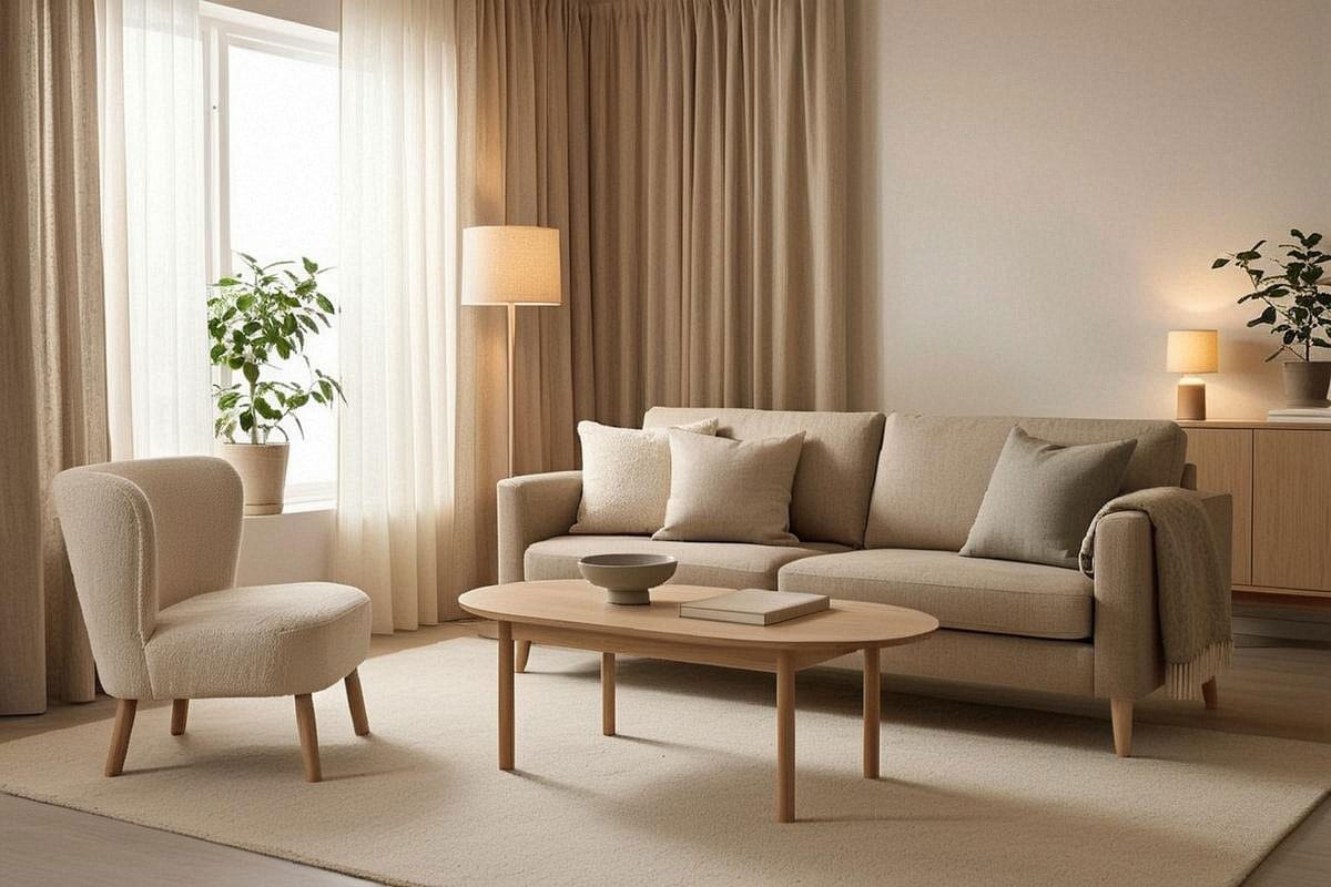 salon scandinave chaleureux avec canapé beige clair, parquet en chêne naturel, table basse en bois, fauteuil crème, tapis en laine, coussins texturés, rideaux en lin et lumière naturelle douce