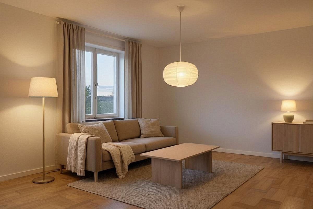salon scandinave en début de soirée avec lampadaire, petite lampe sur buffet et suspension diffusant plusieurs sources de lumière chaude dans une pièce beige et bois