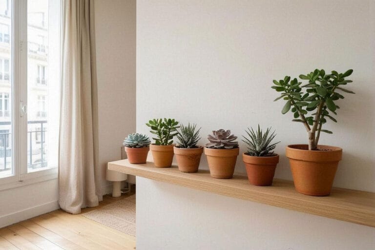 Succulentes faciles en pots de terre cuite disposées près d’une fenêtre lumineuse