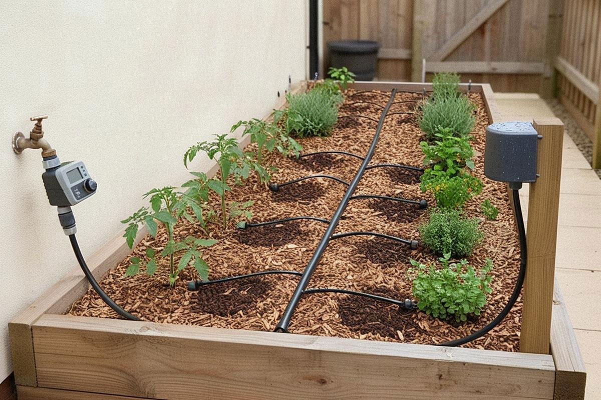 système d’arrosage goutte-à-goutte équipé d’un programmateur et d’un capteur de pluie, installé dans un petit jardin paillé