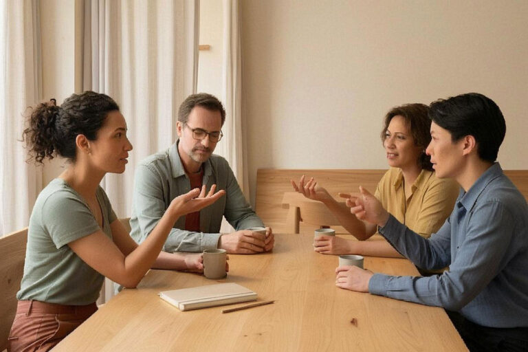 Test personnalité illustrant quatre tempéraments différents autour d’une table