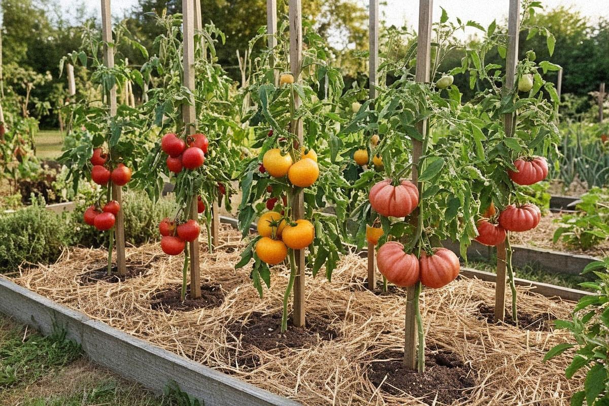 Pieds de tomates savoureuses mûrissant dans un potager paillé et ensoleillé
