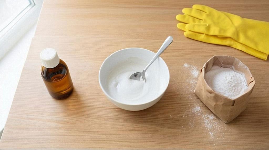 Vue de dessus sur un plan de travail clair, bol blanc contenant une pâte épaisse blanche, flacon brun d'eau oxygénée et sachet de bicarbonate posés à côté, cuillère à soupe plantée dans la pâte