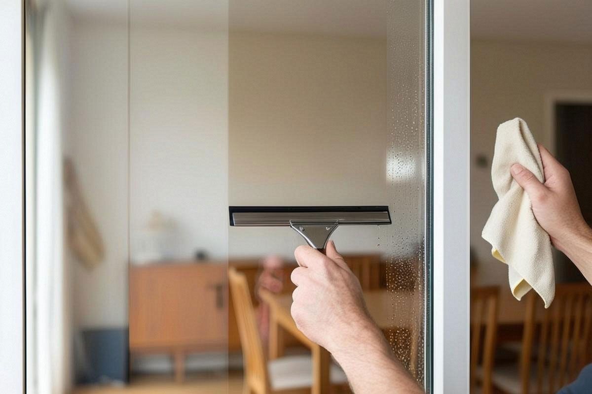 une main passant une raclette du haut vers le bas sur une grande vitre, avec des bandes droites légèrement superposées et une microfibre utilisée pour essuyer la lame après chaque passage