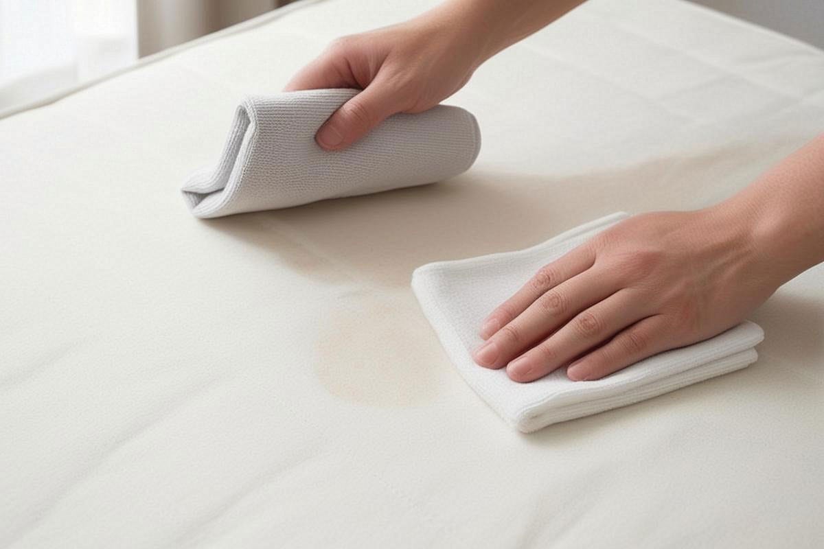 une main tamponnant doucement une petite tache avec une microfibre blanche à peine humide, tandis qu’une seconde microfibre sèche est tenue à proximité pour absorber l’humidité