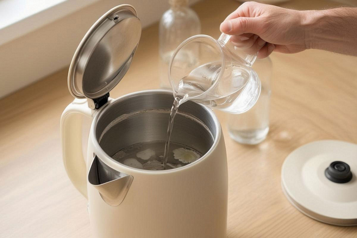 verre doseur versant un mélange transparent d’eau et de vinaigre blanc dans une bouilloire ouverte, avec le niveau restant nettement sous la ligne maximale