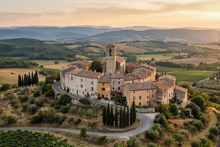 Village de France perché dans un paysage vallonné au coucher du soleil