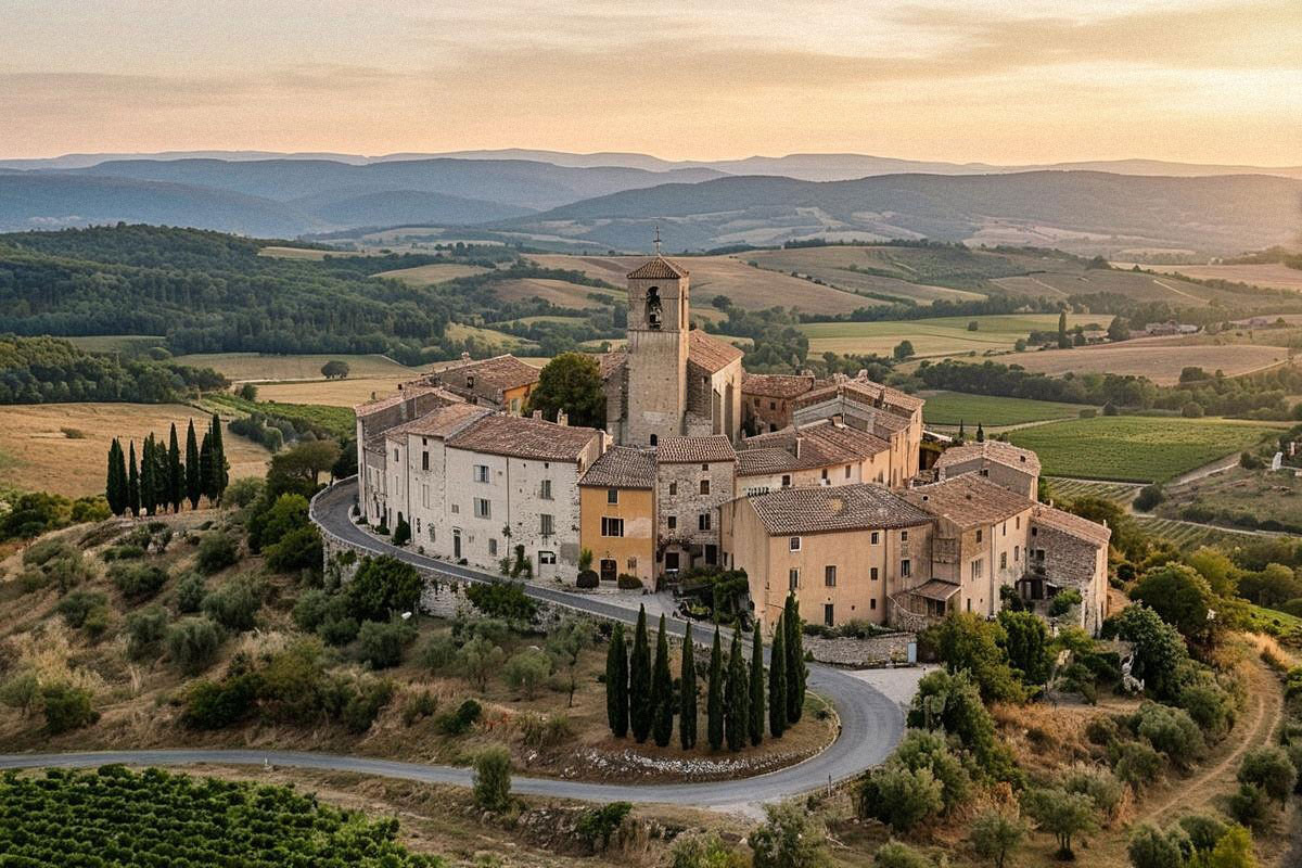Village de France perché dans un paysage vallonné au coucher du soleil