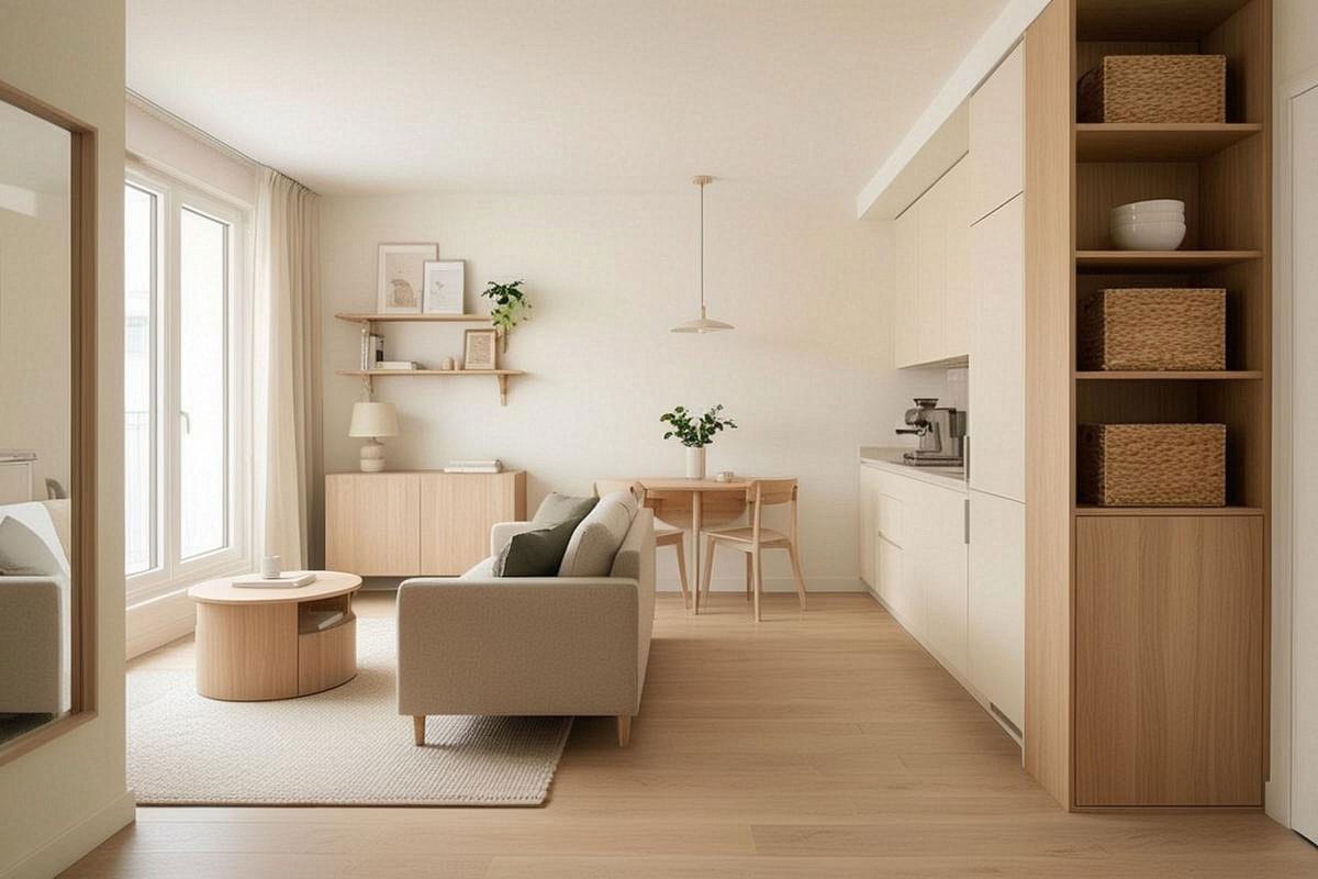 vue finale d’un petit appartement parfaitement organisé, avec espace salon, coin repas et rangement vertical clairement définis, sol dégagé et lumière naturelle abondante