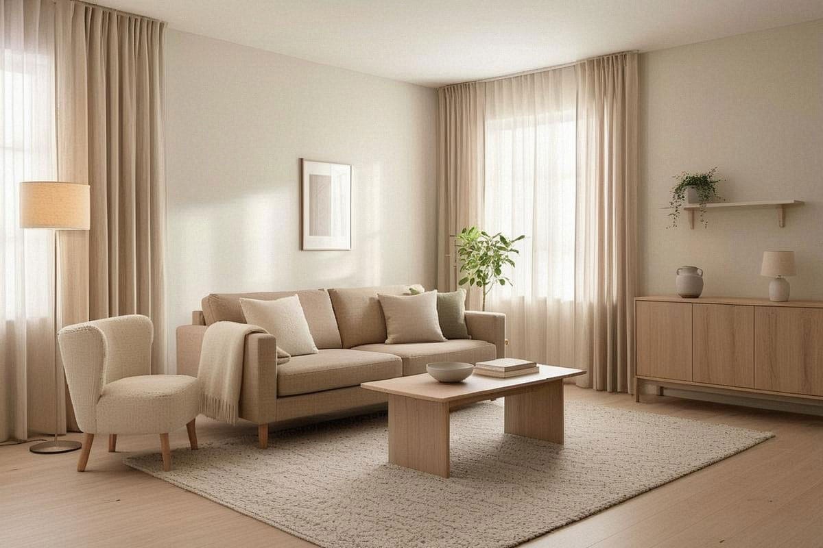 vue finale d’un salon scandinave équilibré, lumineux et chaleureux avec bois clair, canapé beige, fauteuil texturé, tapis en laine, rideaux en lin, lampes douces, plantes et quelques objets artisanaux