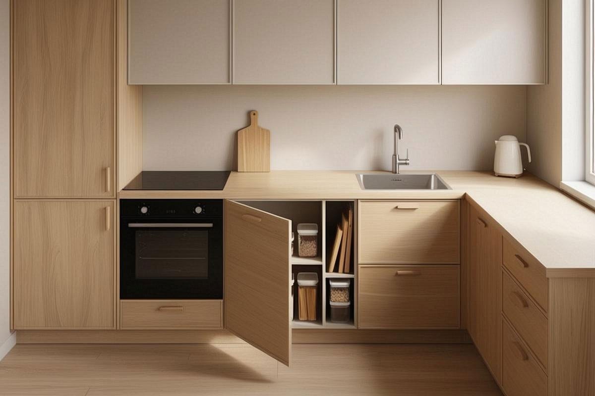 vue globale d’une petite cuisine parfaitement organisée avec zones de préparation, cuisson et rangement clairement structurées, plan de travail largement dégagé et accès facile aux objets du quotidien