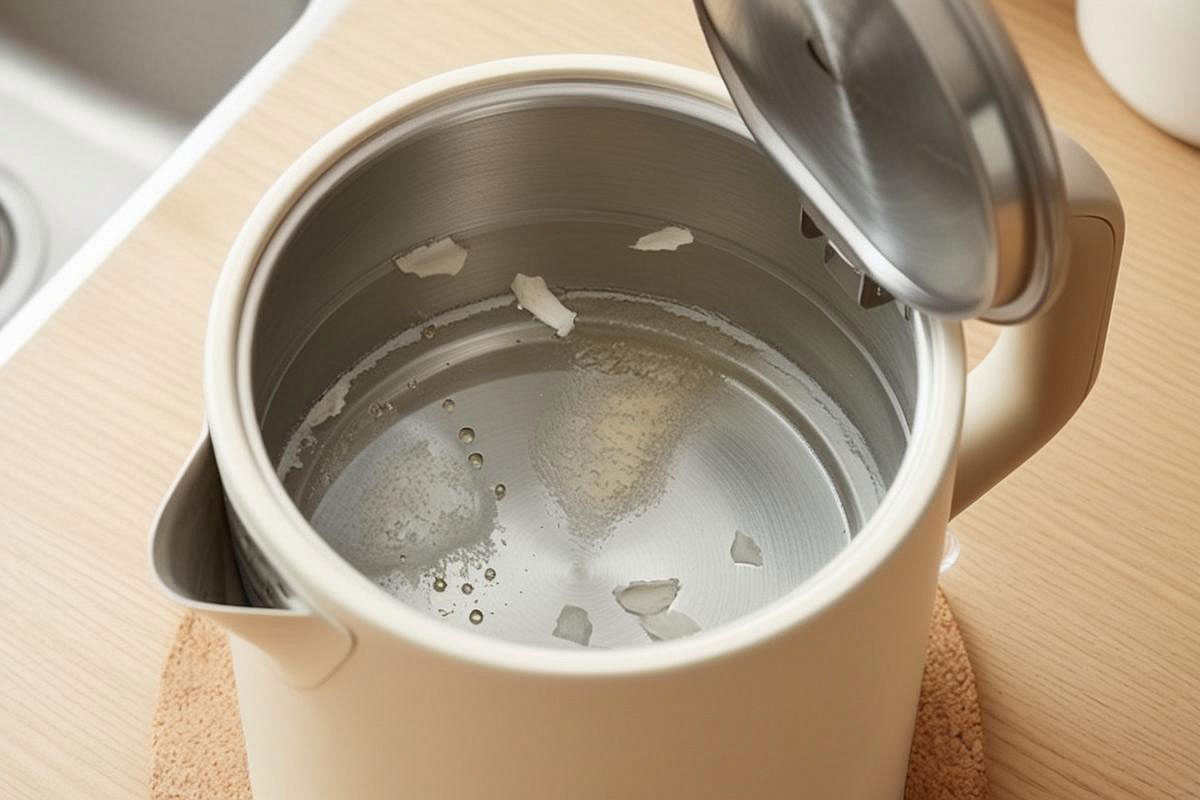 vue rapprochée à l’intérieur d’une bouilloire pendant le temps de repos, avec solution transparente, petites bulles et fragments de calcaire se détachant du fond métallique